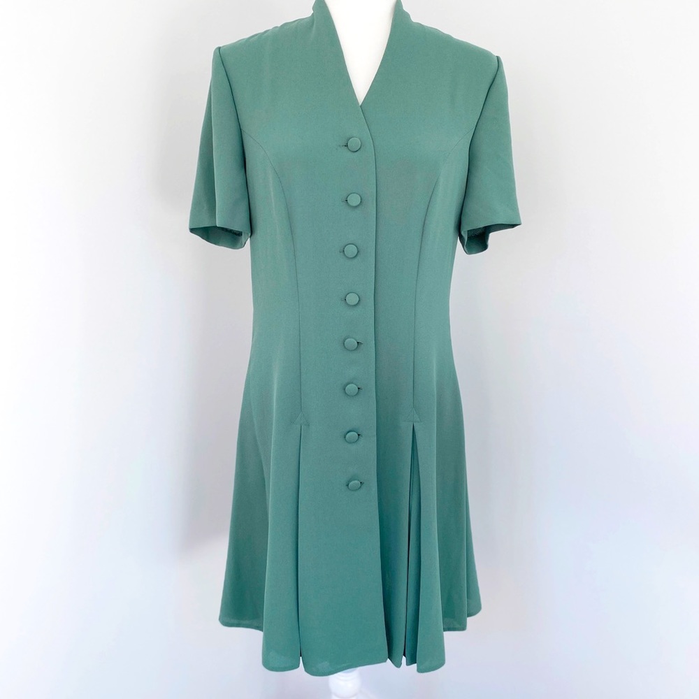 Warren Petites Short Sleeve Green Pleated Dress 10